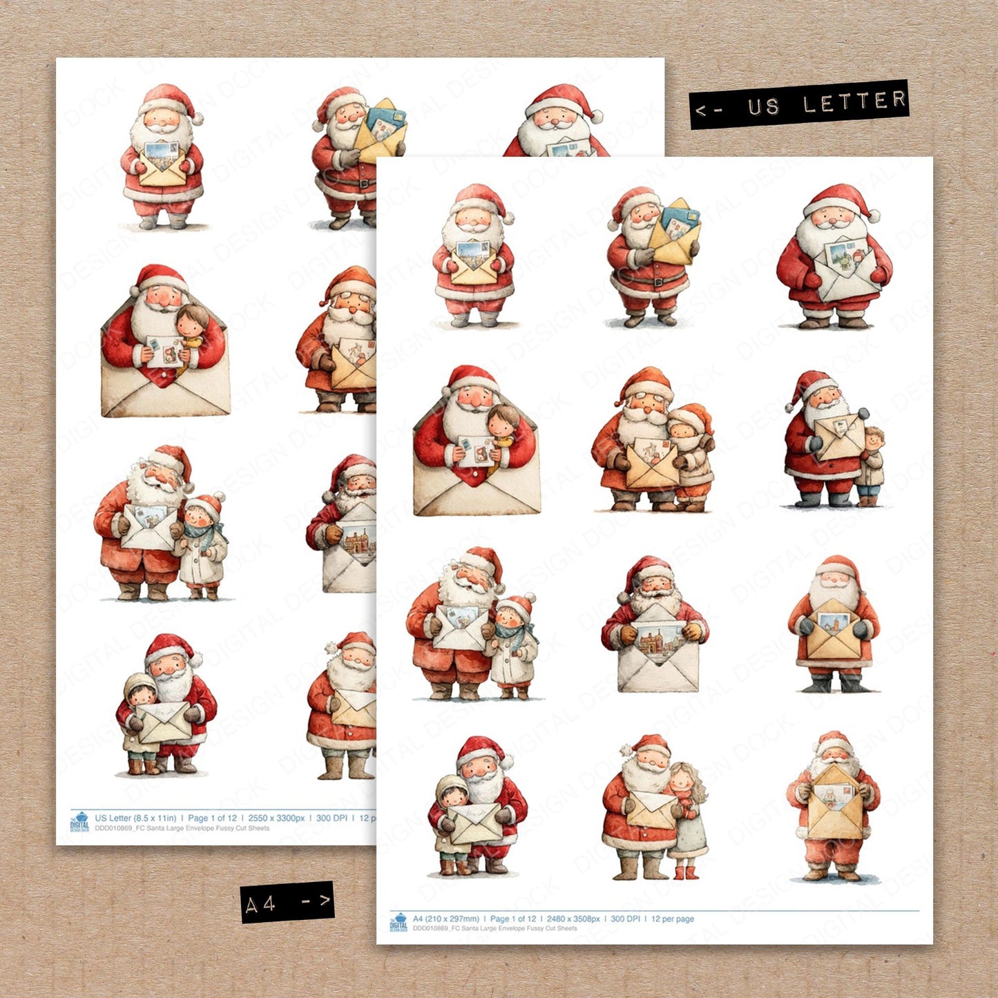 A4 and US Letter format comparison showing Santa Large Envelope fussy cut pages for print and cut crafting