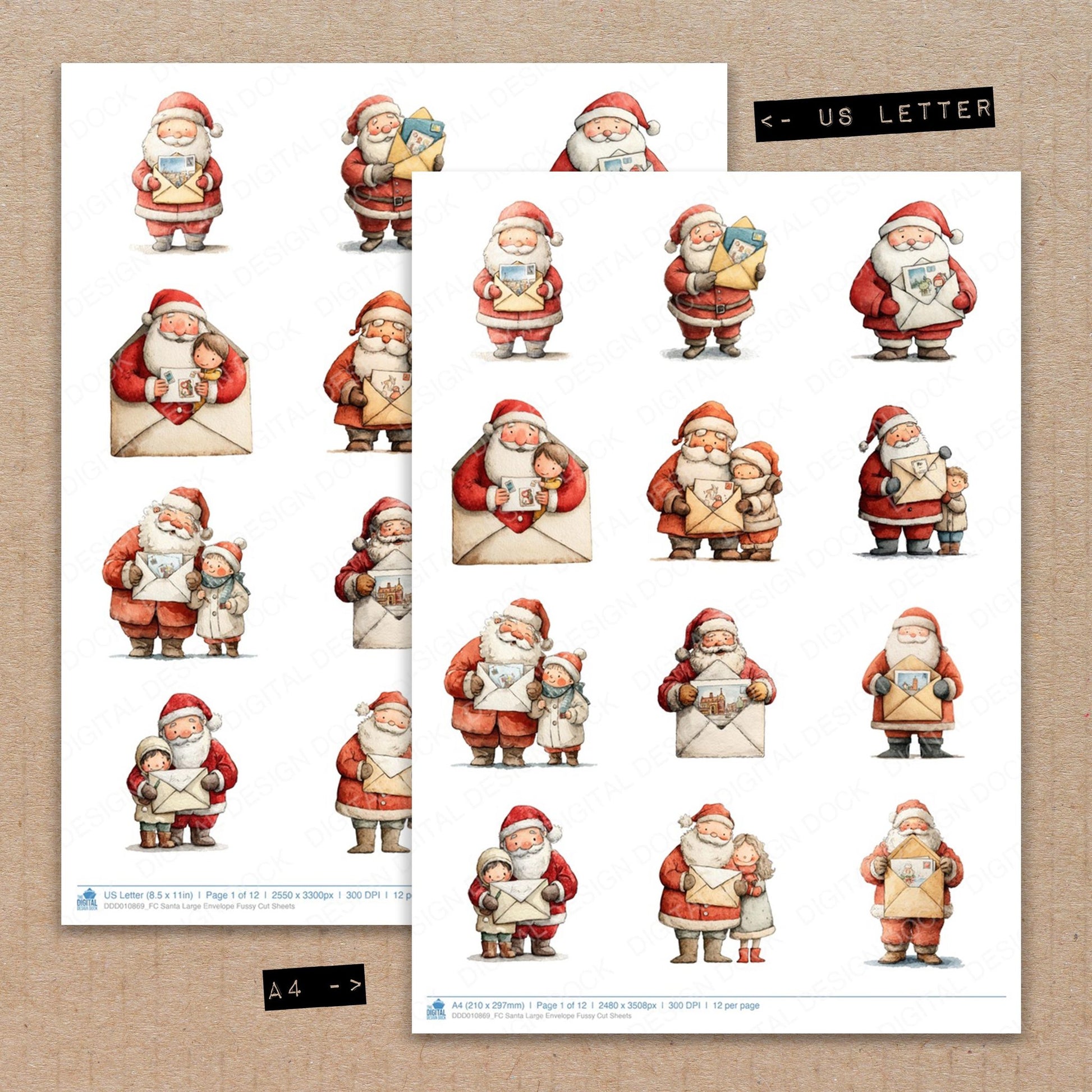 A4 and US Letter format comparison showing Santa Large Envelope fussy cut pages for print and cut crafting