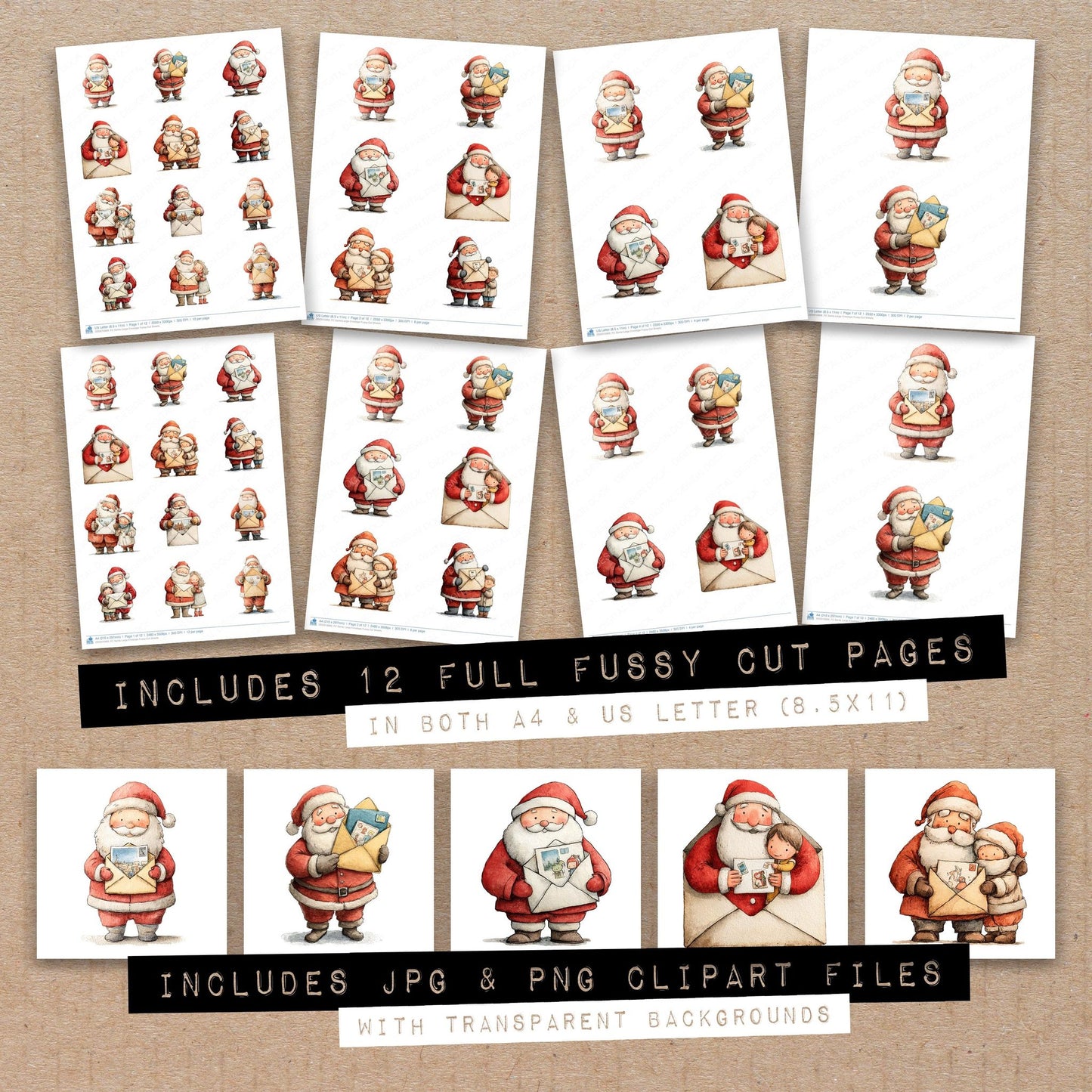 Full collection view of Santa Large Envelope fussy cut sheets with bonus clipart JPG and PNG files