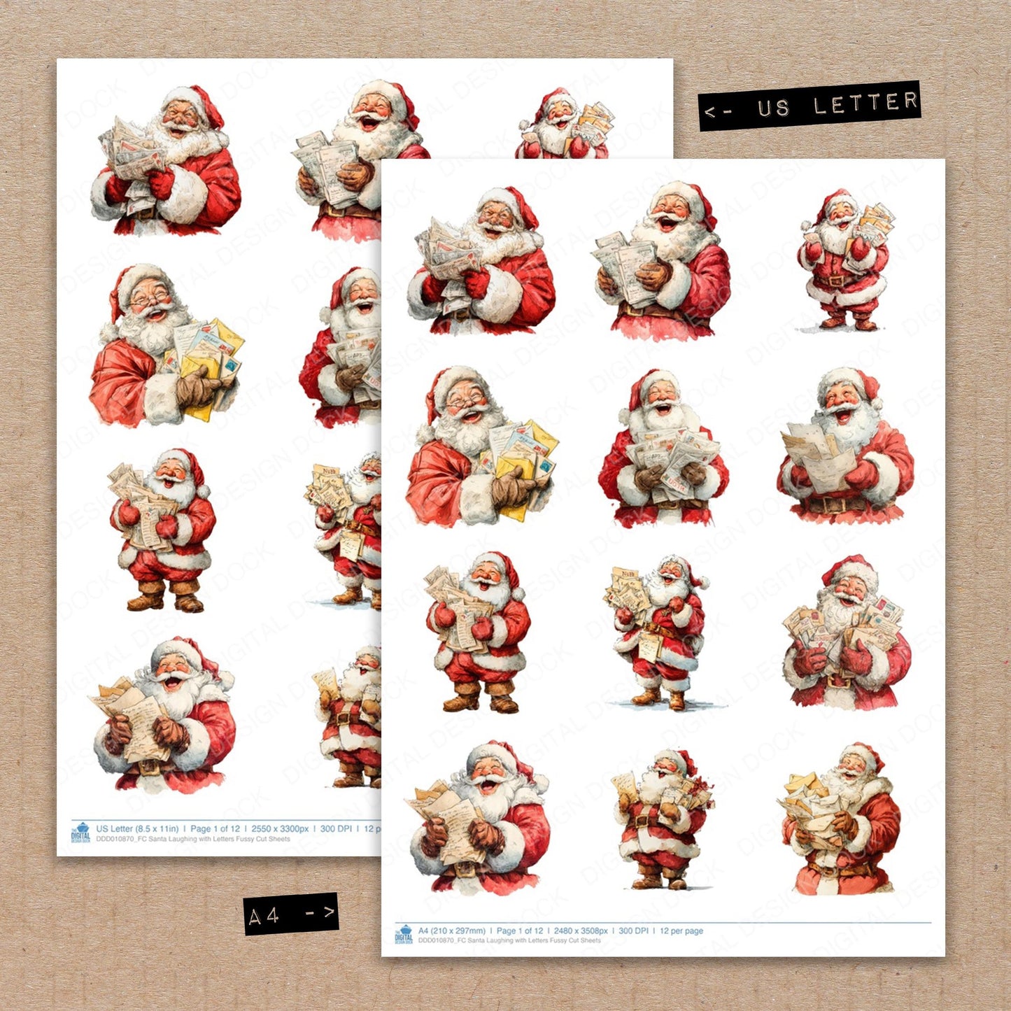 A4 and US Letter format comparison showing Santa Laughing with Letters fussy cut pages for print and cut crafting