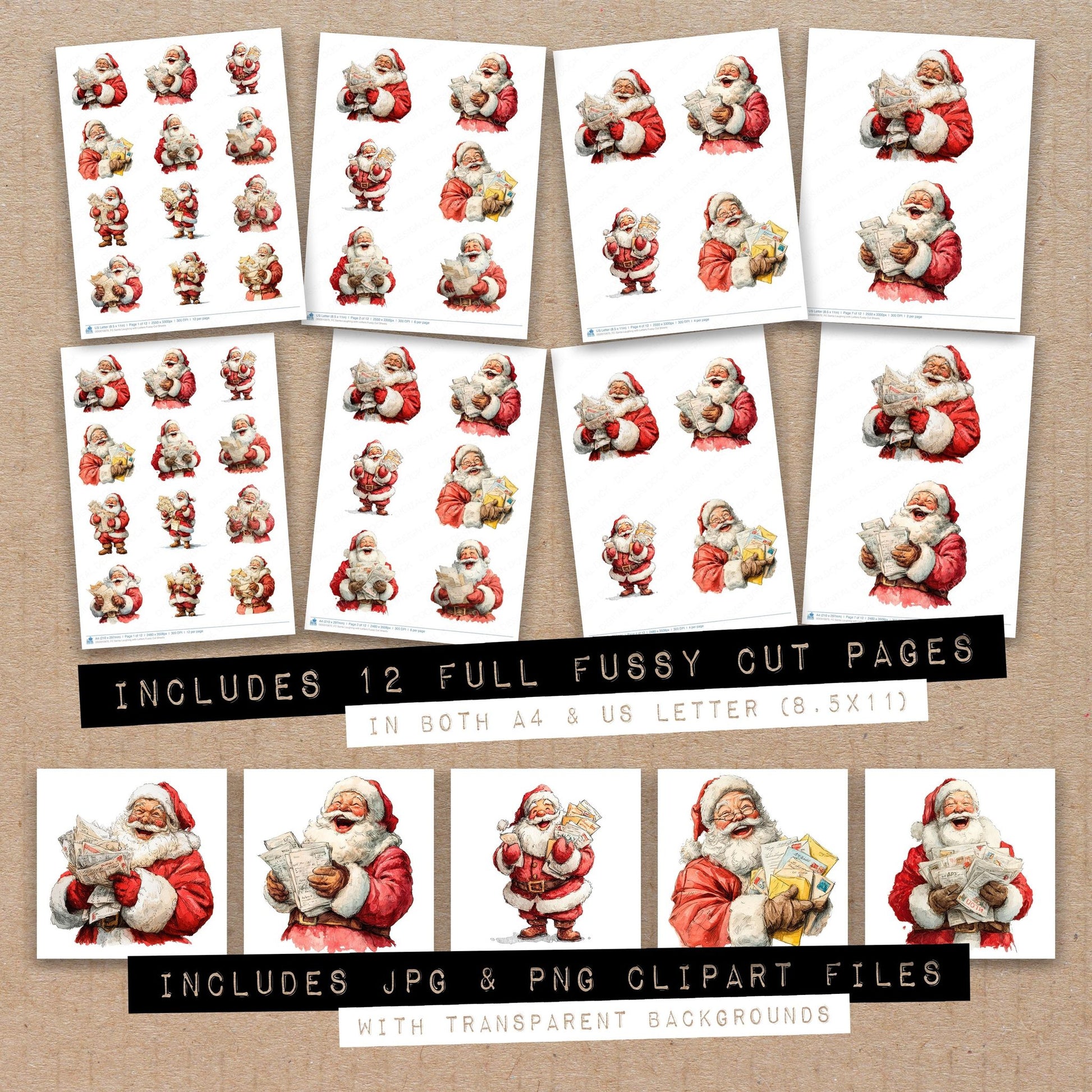 Full collection view of Santa Laughing with Letters fussy cut sheets with bonus clipart JPG and PNG files