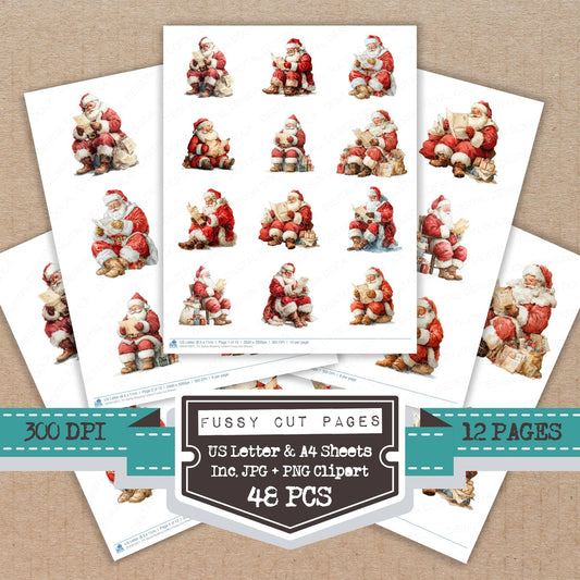 Santa Reading Letters fussy cut printable sheets for junk journaling, scrapbooking, and paper craft projects