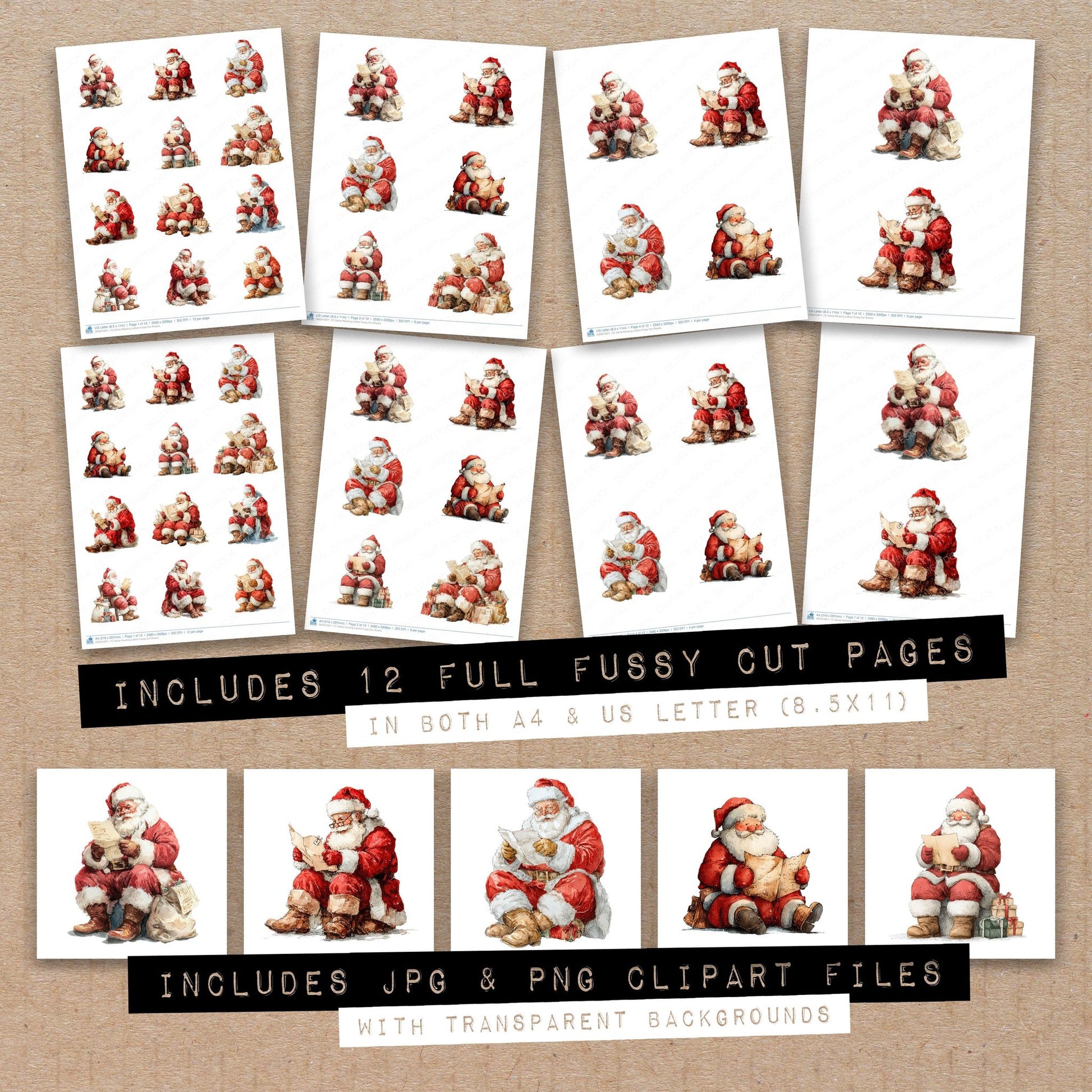 Full collection view of Santa Reading Letters fussy cut sheets with bonus clipart JPG and PNG files