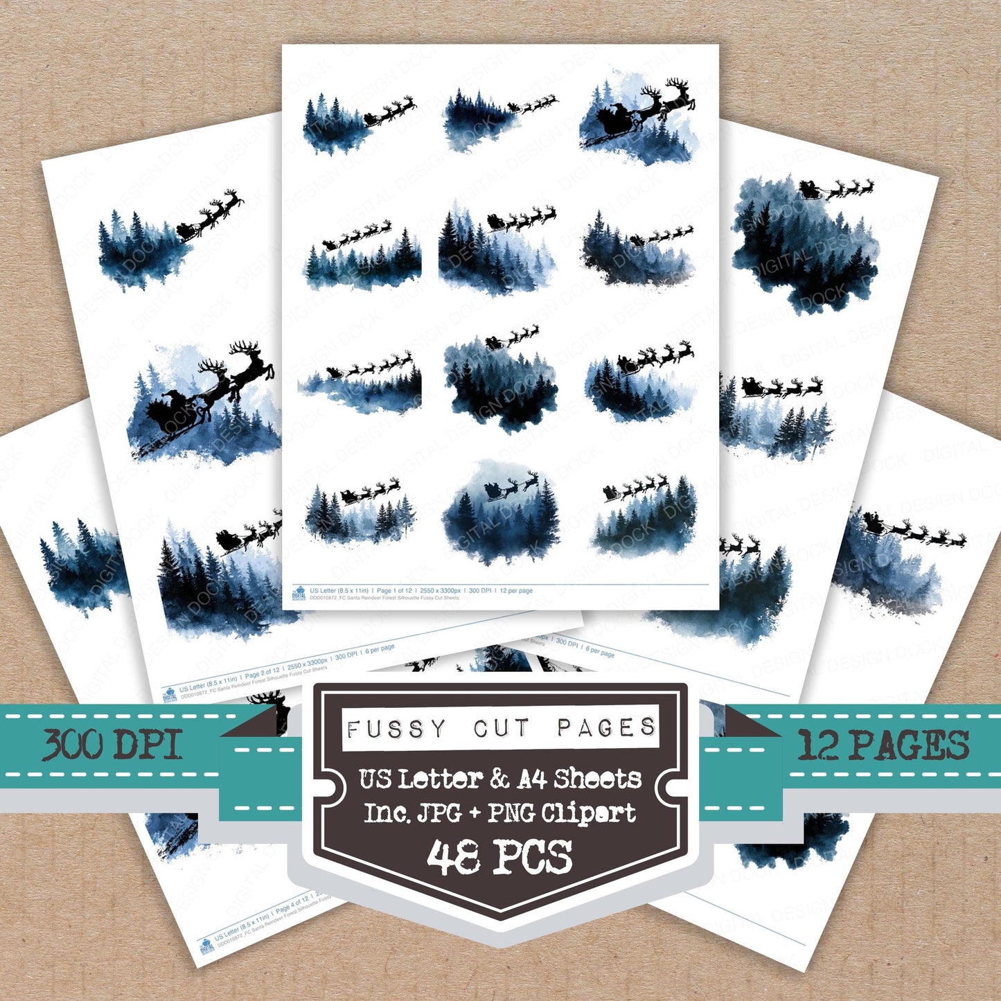 Santa Reindeer Forest Silhouette fussy cut printable sheets for junk journaling, scrapbooking, and paper craft projects