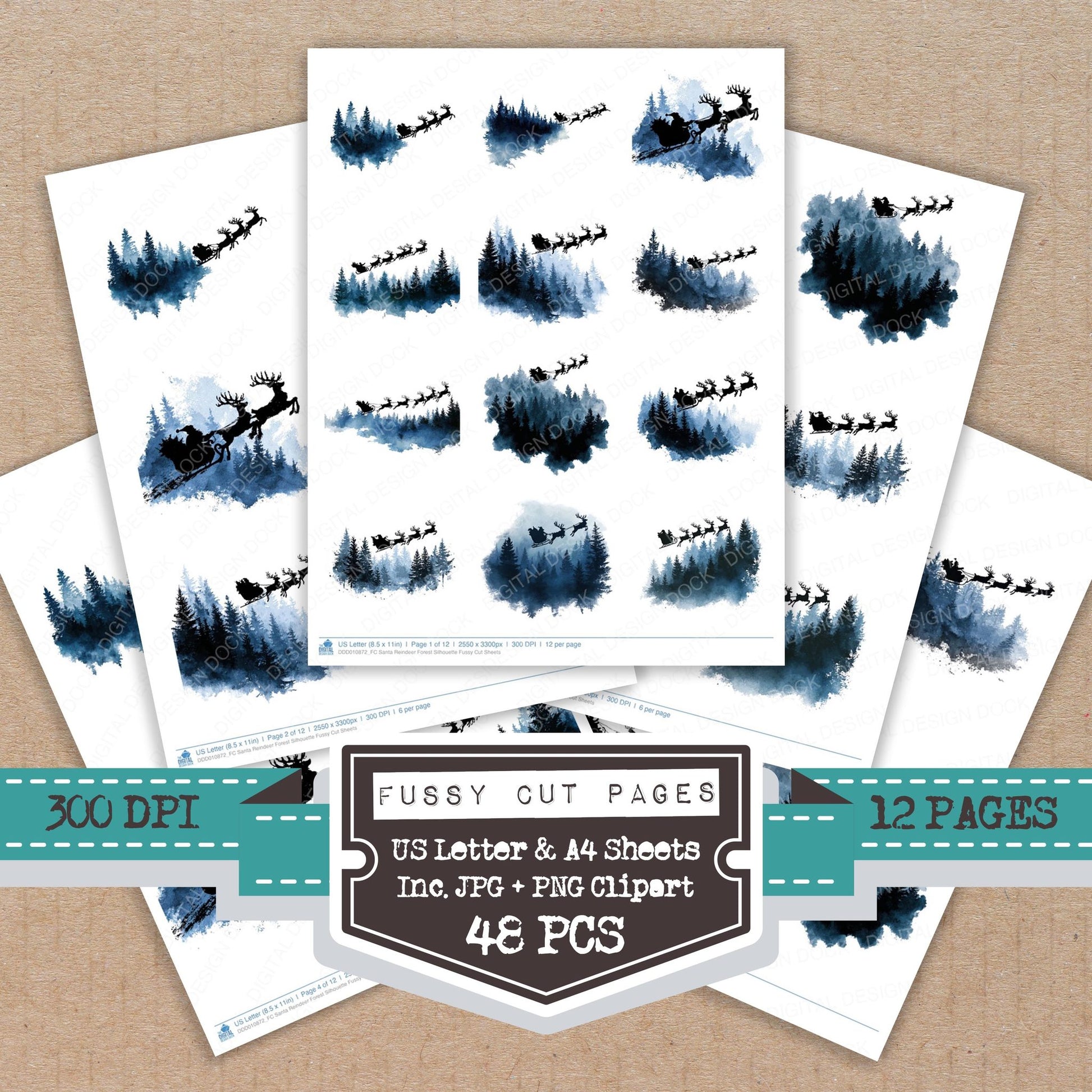Santa Reindeer Forest Silhouette fussy cut printable sheets for junk journaling, scrapbooking, and paper craft projects