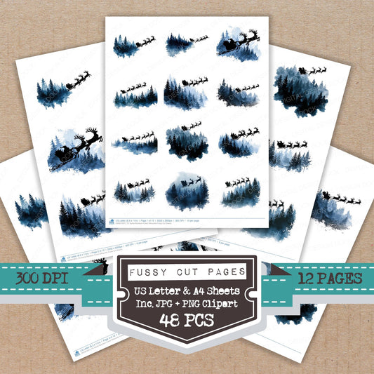 Santa Reindeer Forest Silhouette fussy cut printable sheets for junk journaling, scrapbooking, and paper craft projects