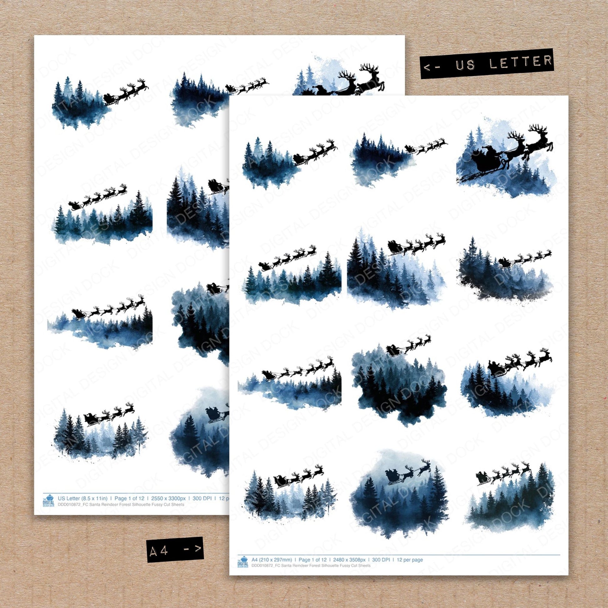 A4 and US Letter format comparison showing Santa Reindeer Forest Silhouette fussy cut pages for print and cut crafting