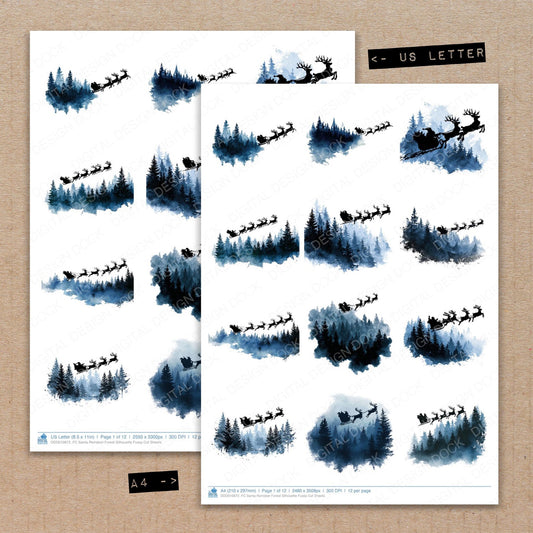 A4 and US Letter format comparison showing Santa Reindeer Forest Silhouette fussy cut pages for print and cut crafting