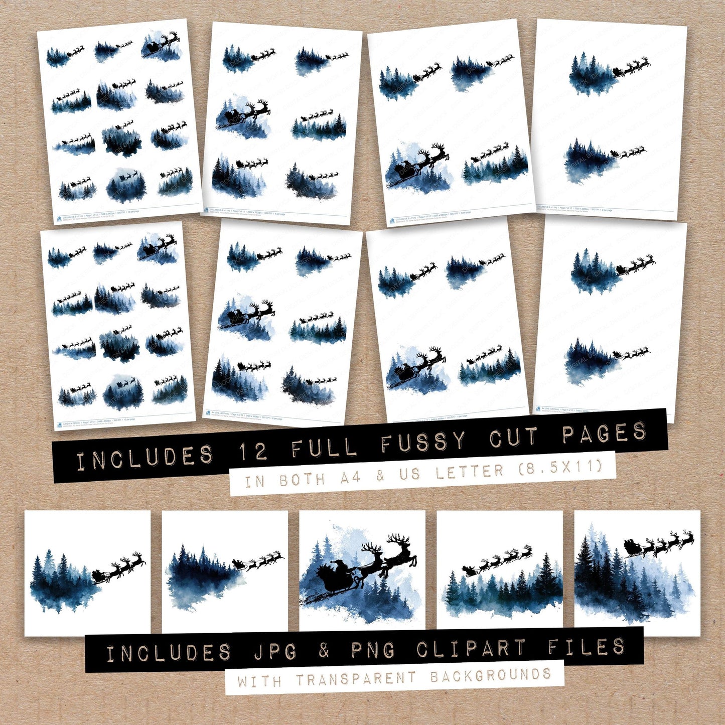 Full collection view of Santa Reindeer Forest Silhouette fussy cut sheets with bonus clipart JPG and PNG files