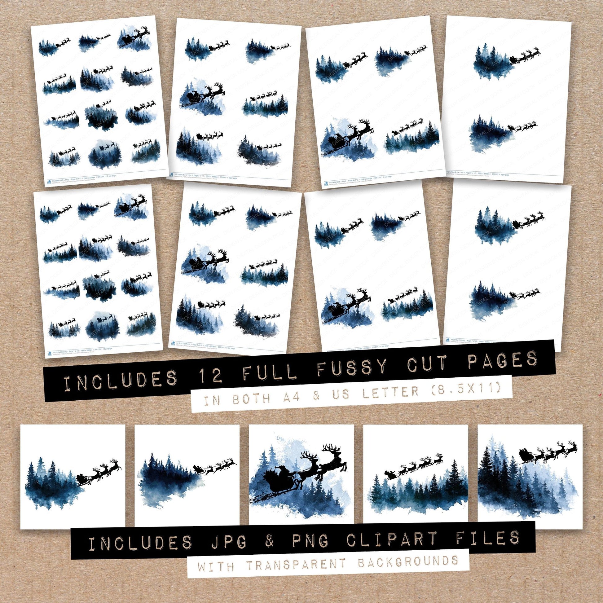 Full collection view of Santa Reindeer Forest Silhouette fussy cut sheets with bonus clipart JPG and PNG files