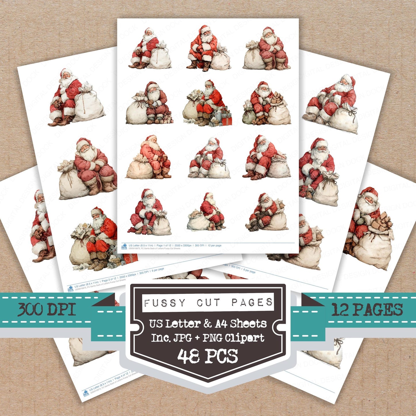 Santa Sack of Letters fussy cut printable sheets for junk journaling, scrapbooking, and paper craft projects