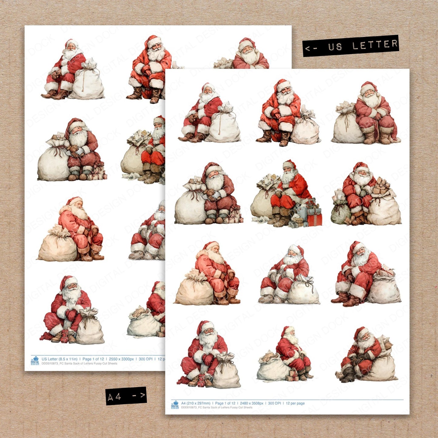 A4 and US Letter format comparison showing Santa Sack of Letters fussy cut pages for print and cut crafting