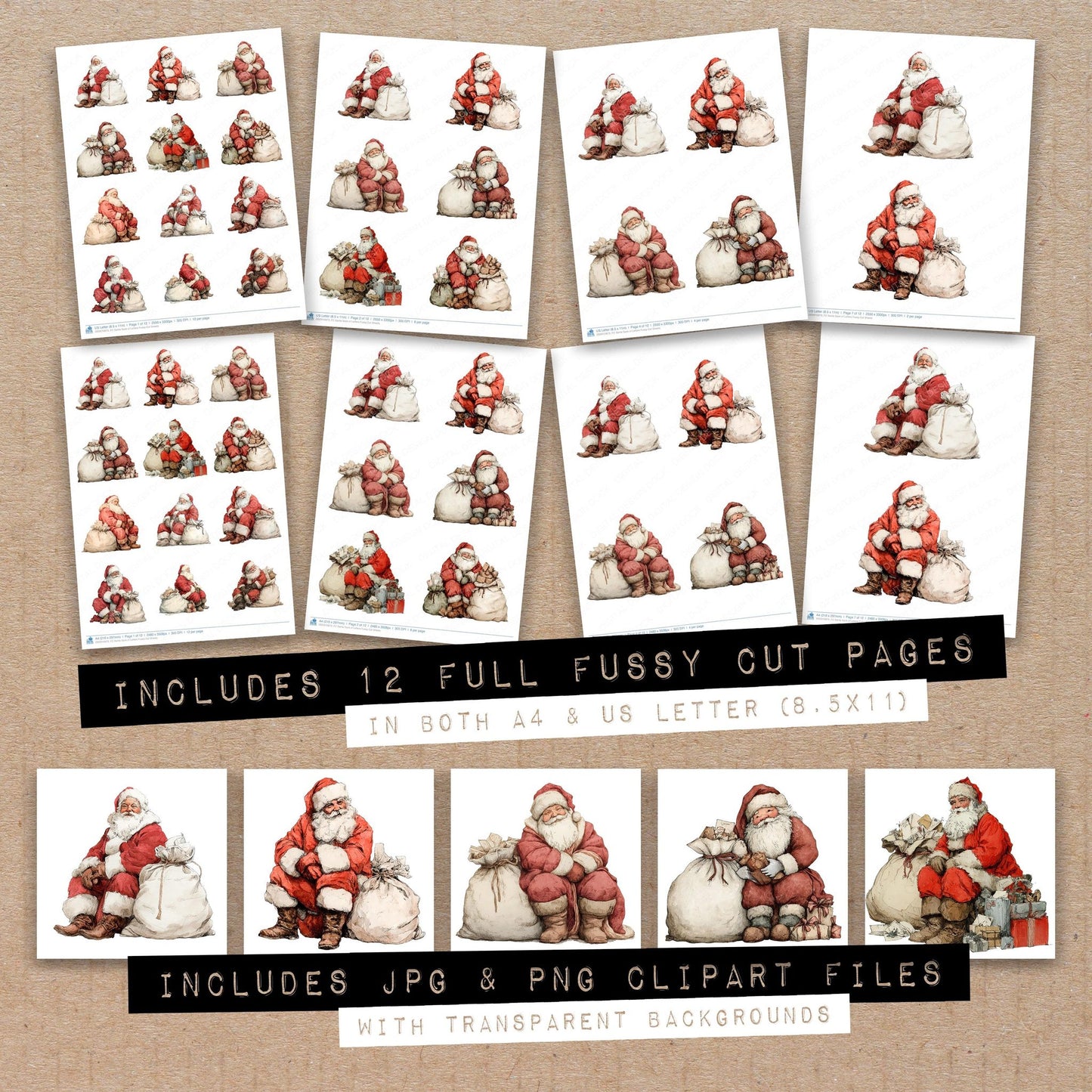 Full collection view of Santa Sack of Letters fussy cut sheets with bonus clipart JPG and PNG files