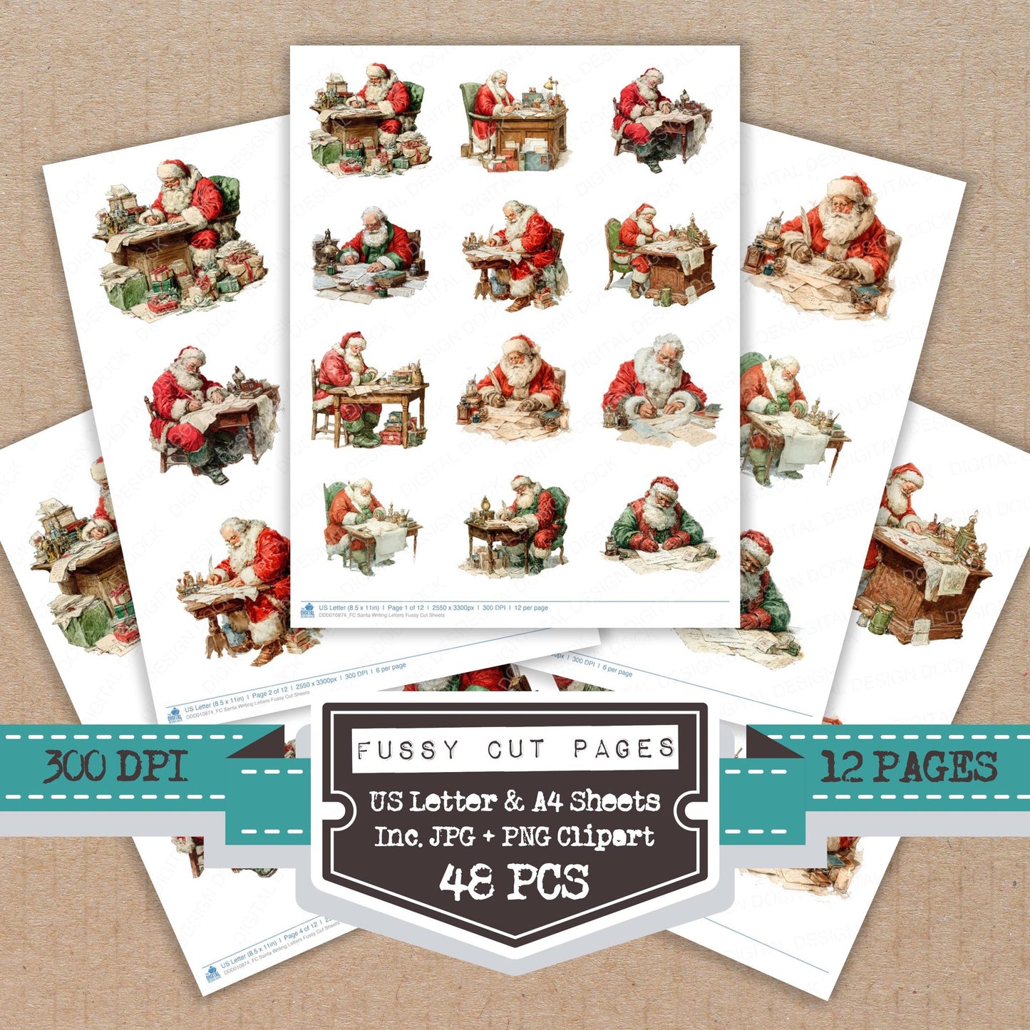 Santa Writing Letters fussy cut printable sheets for junk journaling, scrapbooking, and paper craft projects