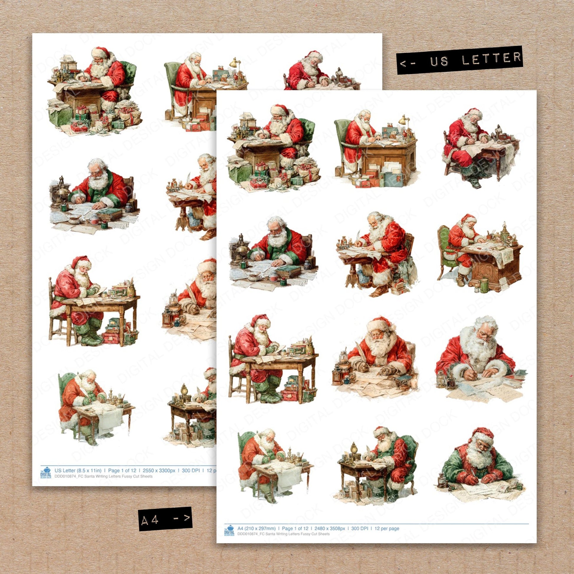 A4 and US Letter format comparison showing Santa Writing Letters fussy cut pages for print and cut crafting