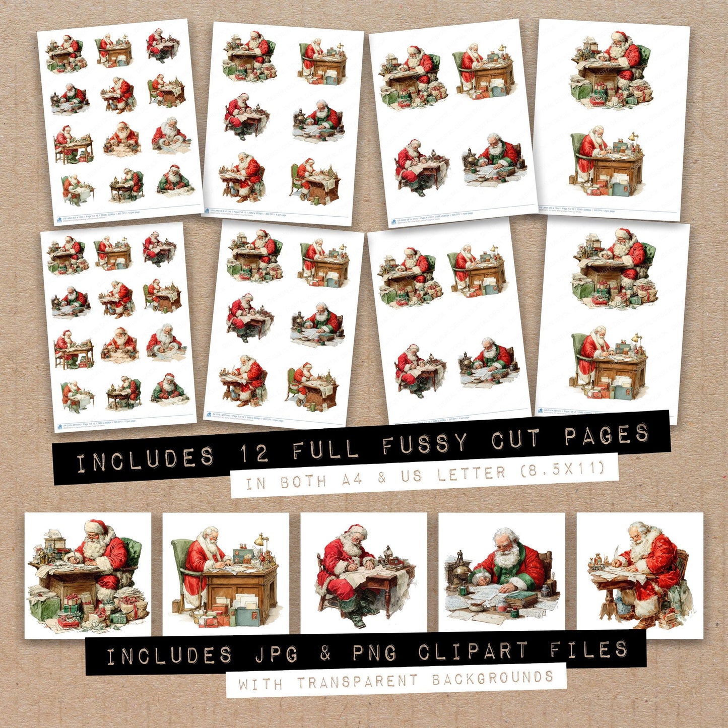 Full collection view of Santa Writing Letters fussy cut sheets with bonus clipart JPG and PNG files