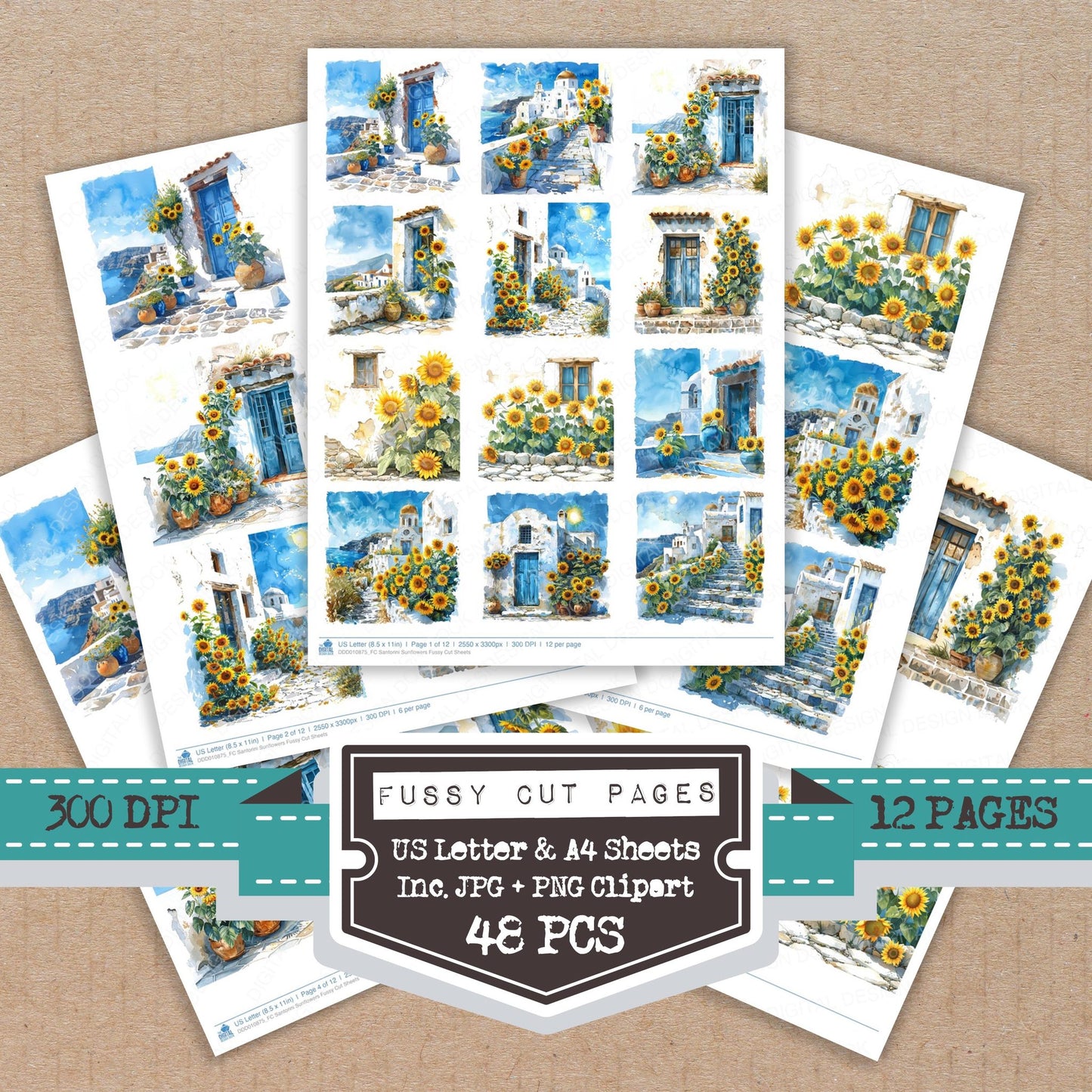 Santorini Sunflowers fussy cut printable sheets for junk journaling, scrapbooking, and paper craft projects