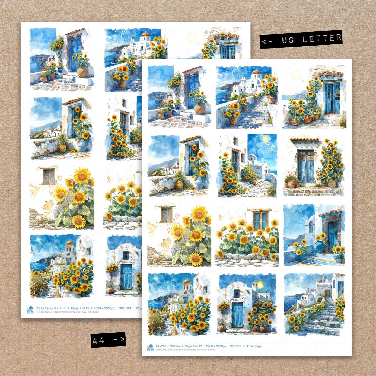 A4 and US Letter format comparison showing Santorini Sunflowers fussy cut pages for print and cut crafting