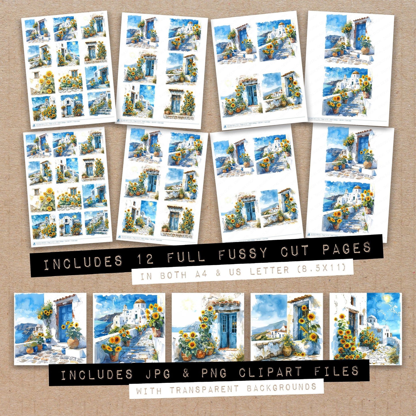 Full collection view of Santorini Sunflowers fussy cut sheets with bonus clipart JPG and PNG files