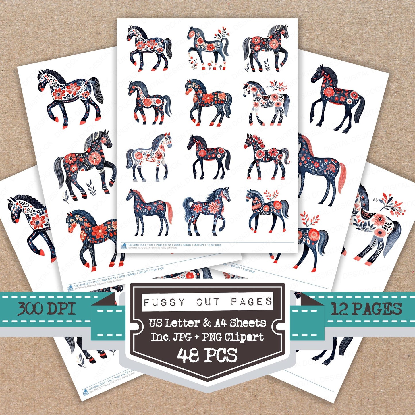 Scandi Folk Horse fussy cut printable sheets for junk journaling, scrapbooking, and paper craft projects