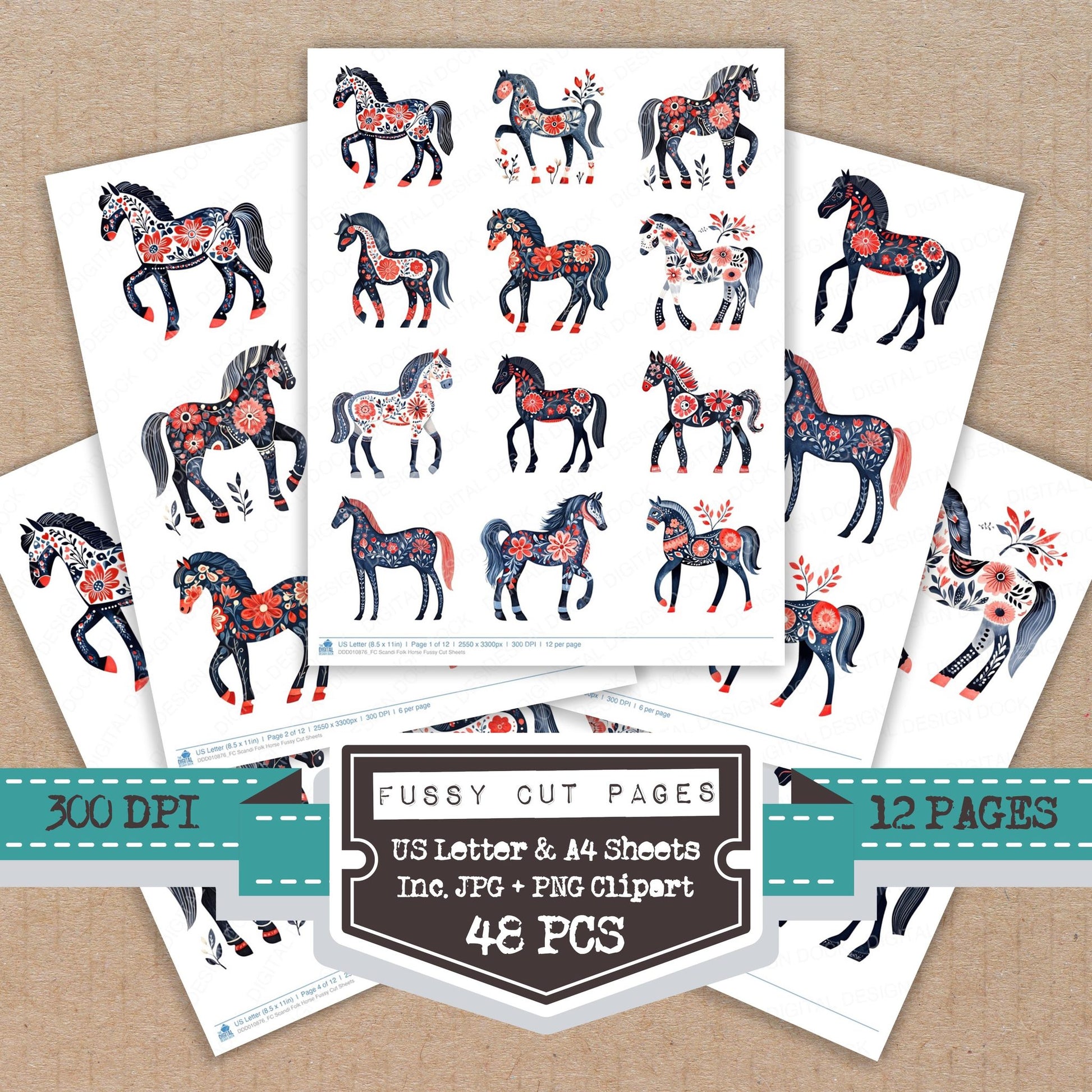 Scandi Folk Horse fussy cut printable sheets for junk journaling, scrapbooking, and paper craft projects
