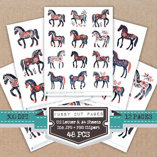 Scandi Folk Horse fussy cut printable sheets for junk journaling, scrapbooking, and paper craft projects