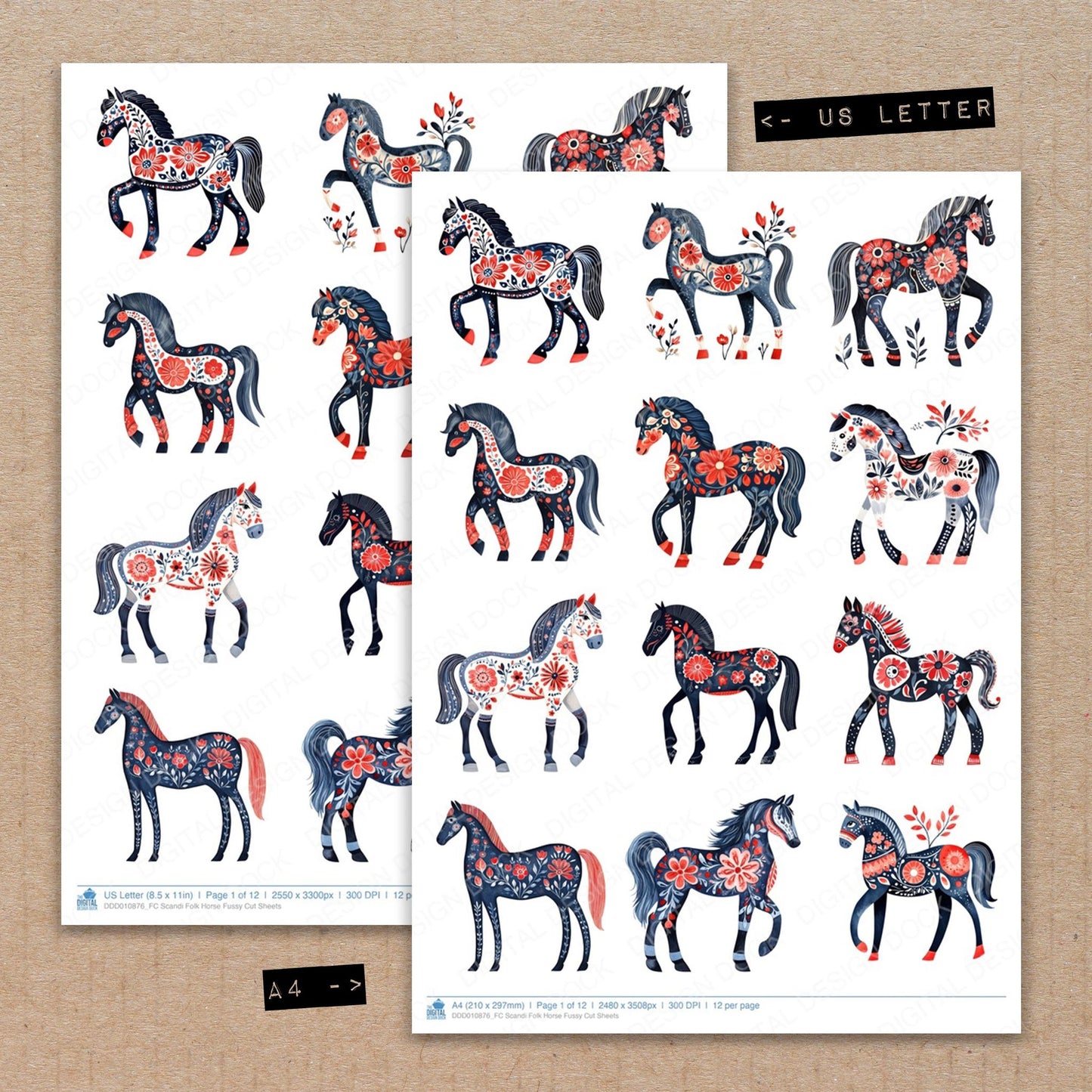 A4 and US Letter format comparison showing Scandi Folk Horse fussy cut pages for print and cut crafting