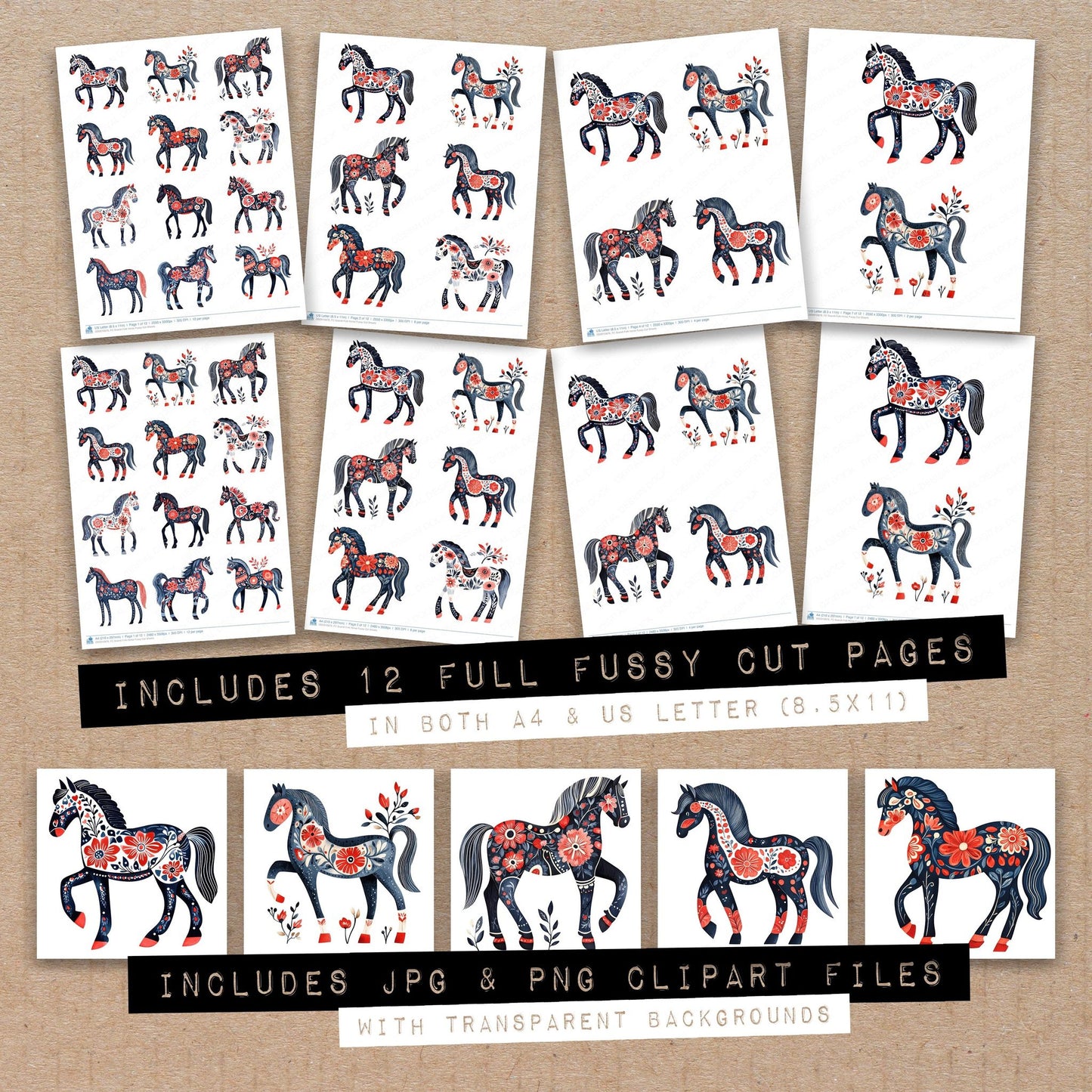 Full collection view of Scandi Folk Horse fussy cut sheets with bonus clipart JPG and PNG files