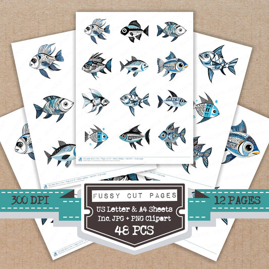 Scandinavian Abstract Fish fussy cut printable sheets for junk journaling, scrapbooking, and paper craft projects