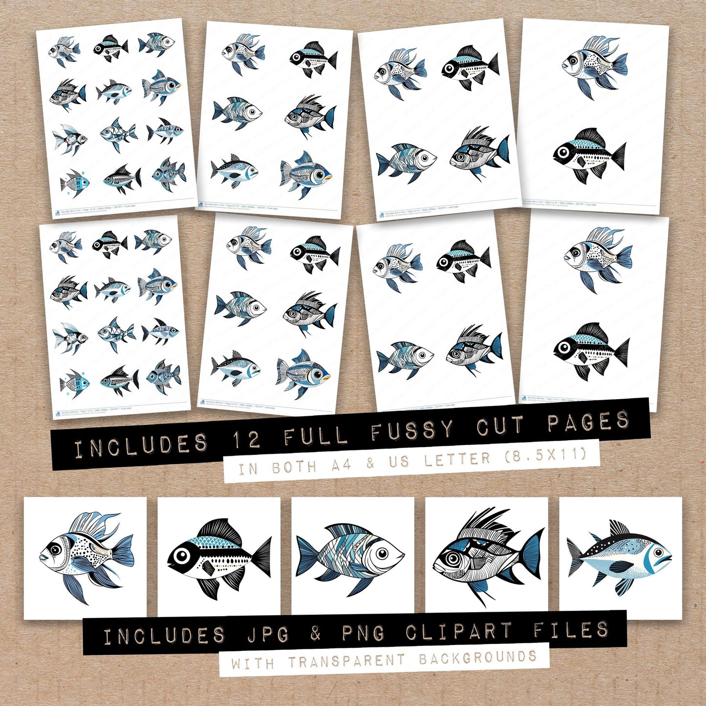 Full collection view of Scandinavian Abstract Fish fussy cut sheets with bonus clipart JPG and PNG files