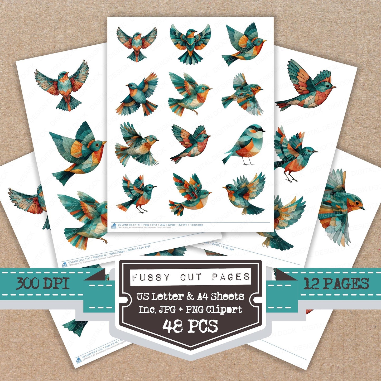 Scandinavian Bird Geometric fussy cut printable sheets for junk journaling, scrapbooking, and paper craft projects