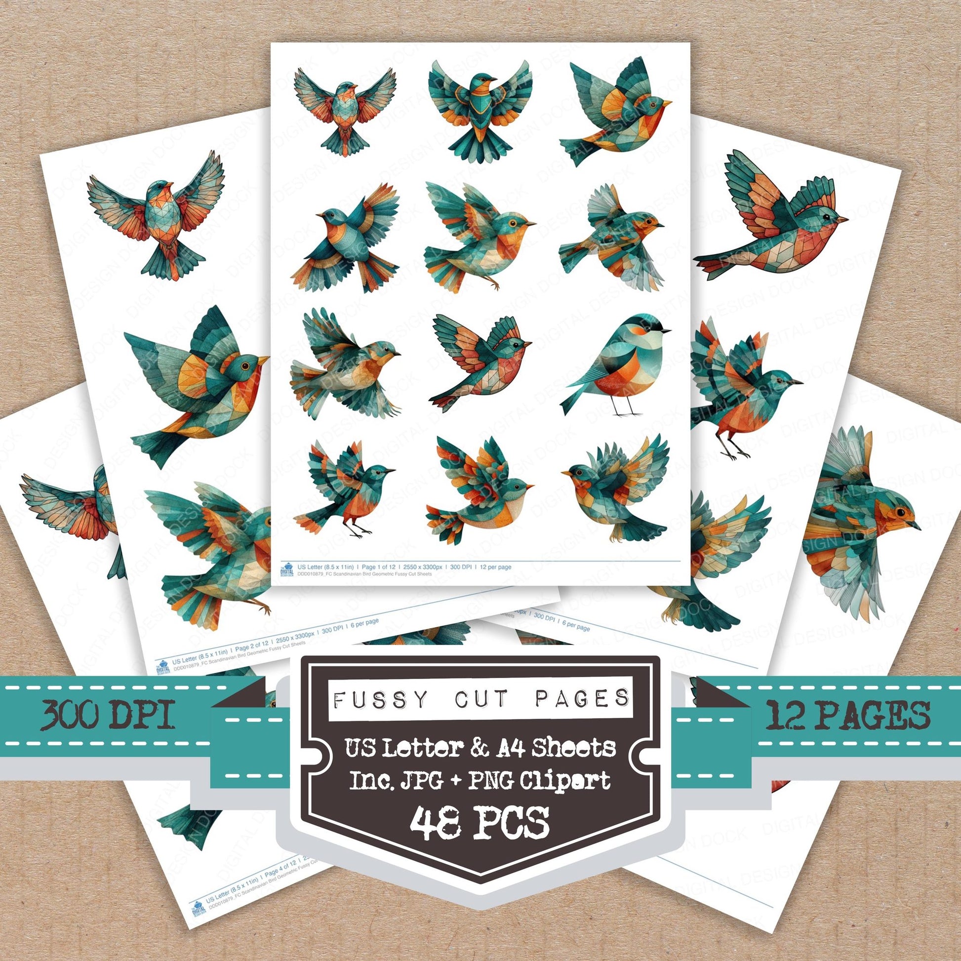 Scandinavian Bird Geometric fussy cut printable sheets for junk journaling, scrapbooking, and paper craft projects