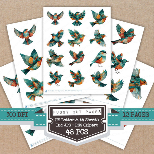 Scandinavian Bird Geometric fussy cut printable sheets for junk journaling, scrapbooking, and paper craft projects