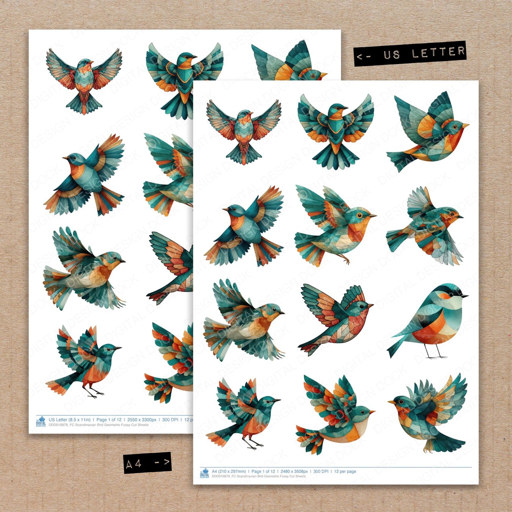 A4 and US Letter format comparison showing Scandinavian Bird Geometric fussy cut pages for print and cut crafting