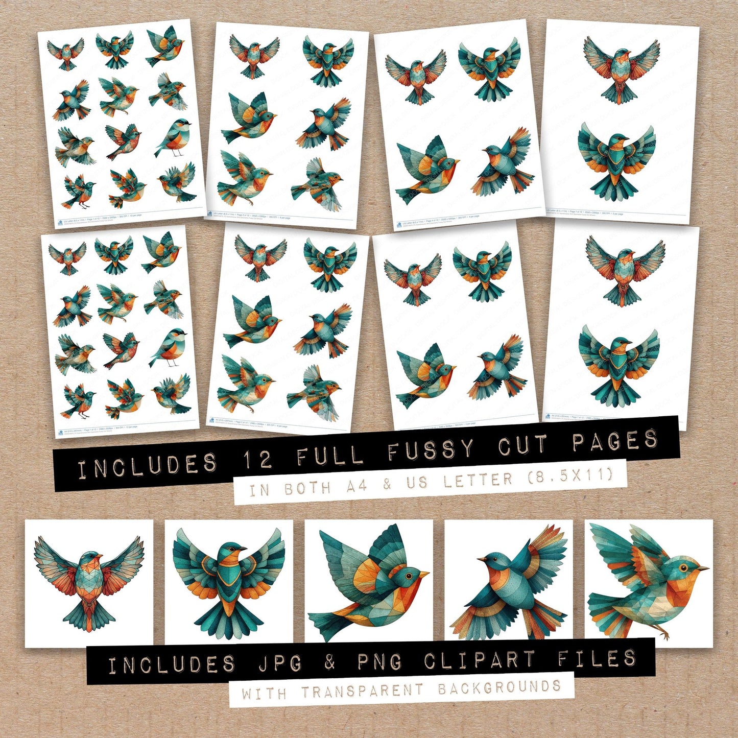 Full collection view of Scandinavian Bird Geometric fussy cut sheets with bonus clipart JPG and PNG files