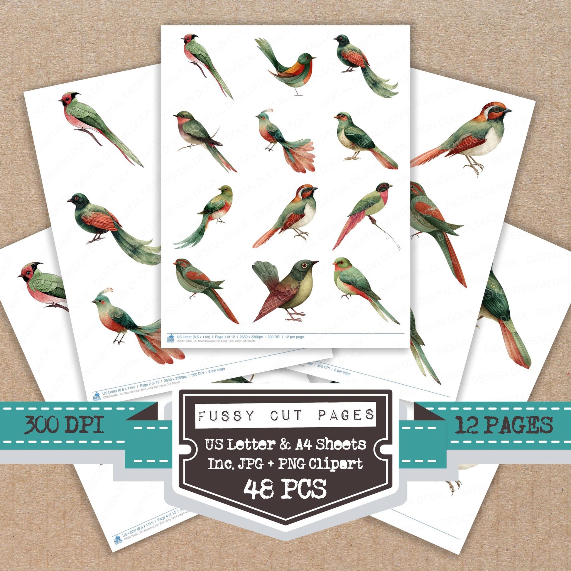 Scandinavian Bird Long Tail fussy cut printable sheets for junk journaling, scrapbooking, and paper craft projects