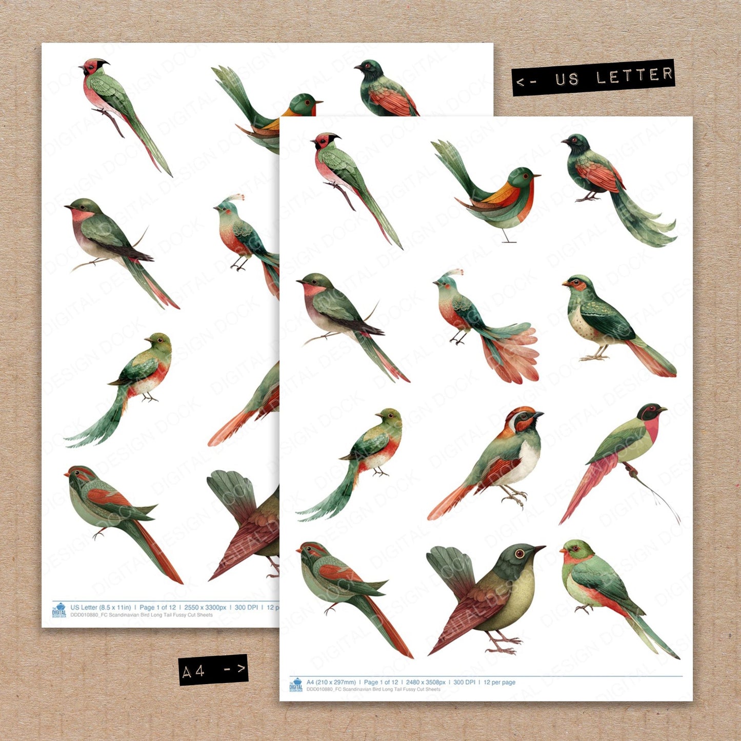 A4 and US Letter format comparison showing Scandinavian Bird Long Tail fussy cut pages for print and cut crafting