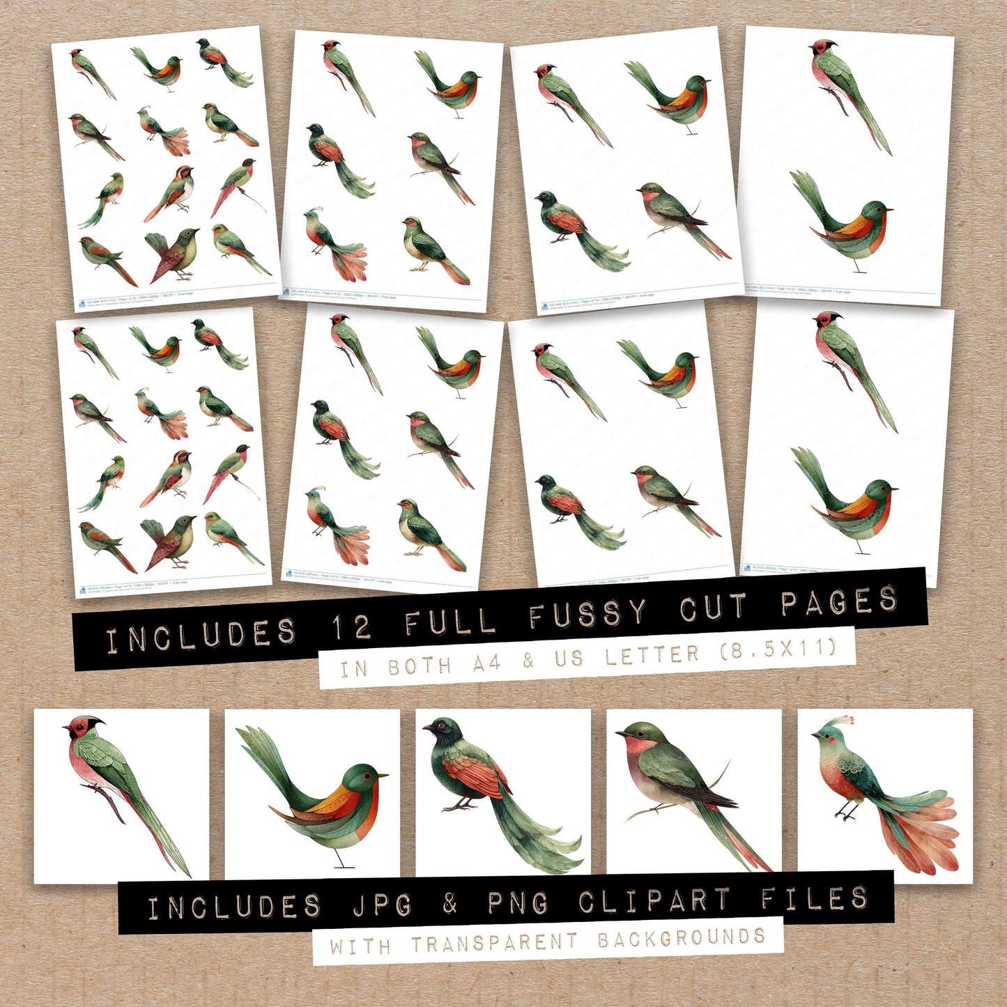 Full collection view of Scandinavian Bird Long Tail fussy cut sheets with bonus clipart JPG and PNG files