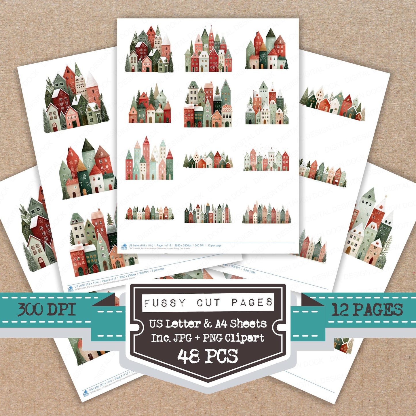 Scandinavian Christmas Houses fussy cut printable sheets for junk journaling, scrapbooking, and paper craft projects