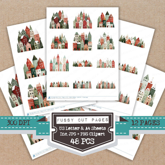 Scandinavian Christmas Houses fussy cut printable sheets for junk journaling, scrapbooking, and paper craft projects
