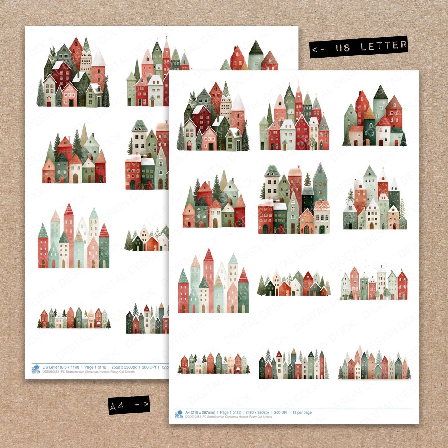 A4 and US Letter format comparison showing Scandinavian Christmas Houses fussy cut pages for print and cut crafting
