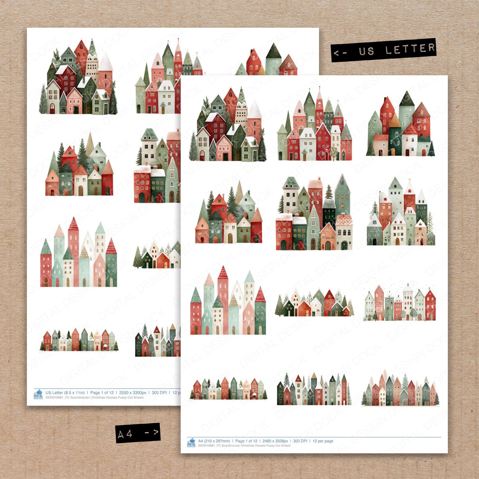 A4 and US Letter format comparison showing Scandinavian Christmas Houses fussy cut pages for print and cut crafting