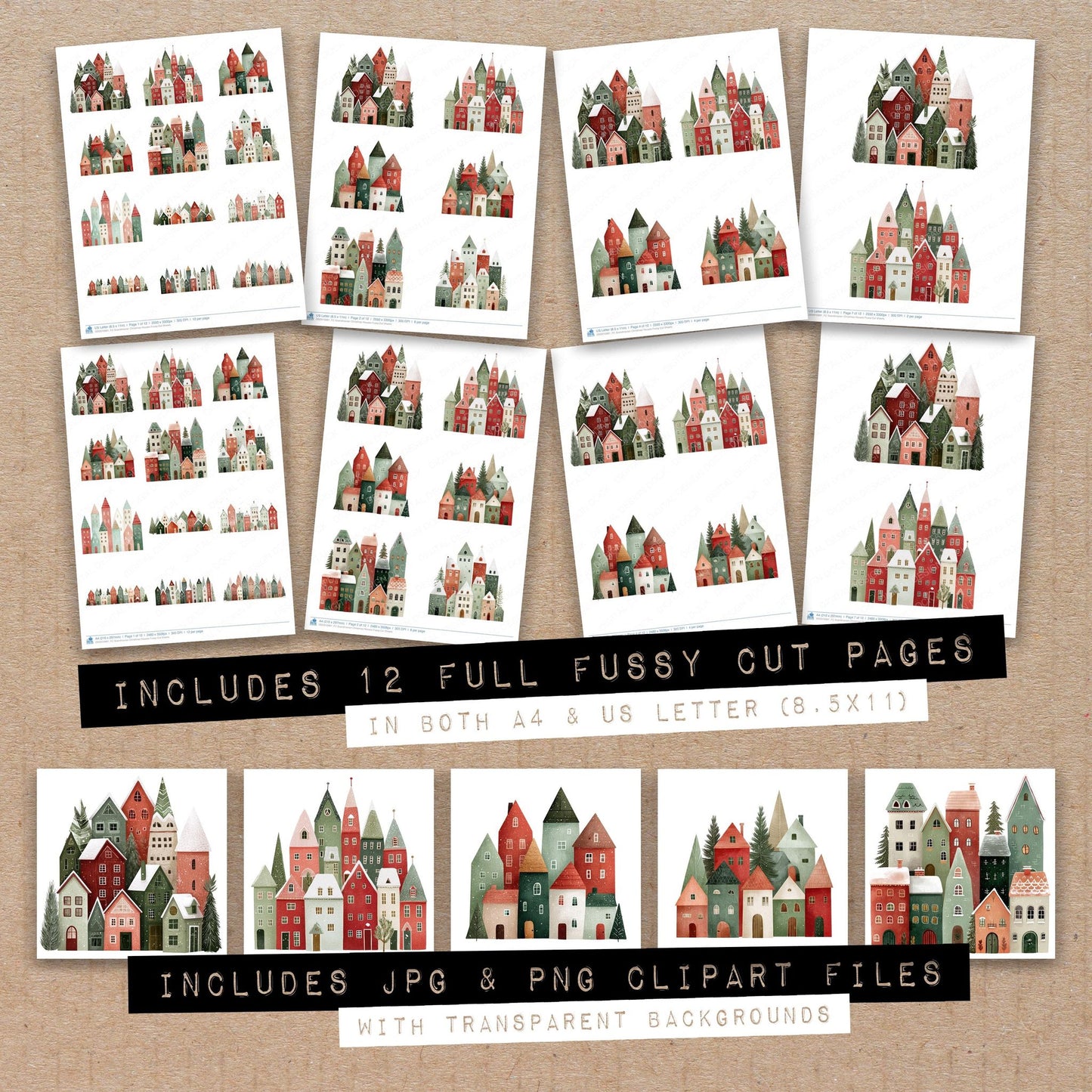 Full collection view of Scandinavian Christmas Houses fussy cut sheets with bonus clipart JPG and PNG files