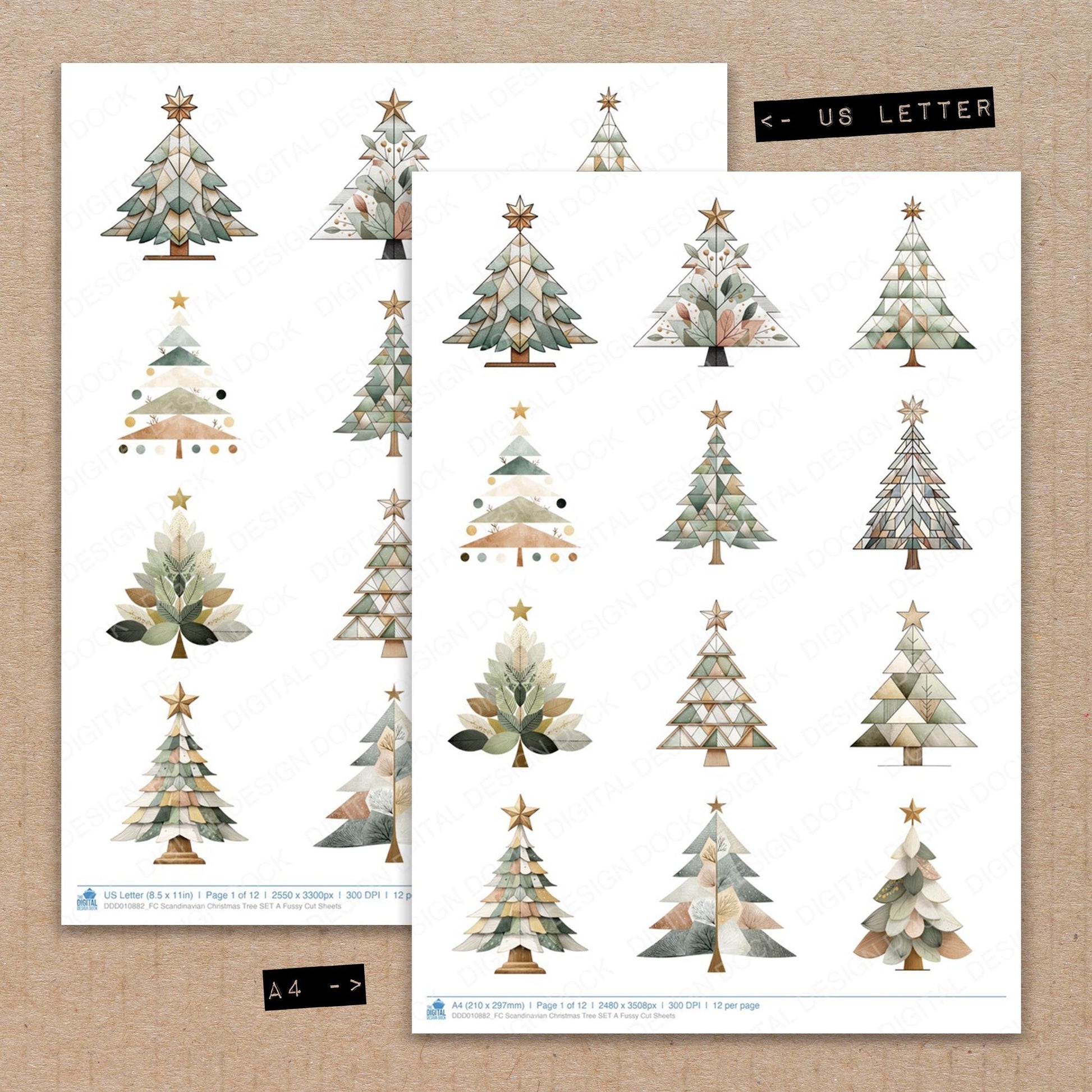 A4 and US Letter format comparison showing Scandinavian Christmas Tree A fussy cut pages for print and cut crafting
