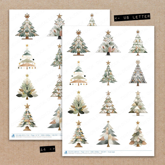 A4 and US Letter format comparison showing Scandinavian Christmas Tree A fussy cut pages for print and cut crafting