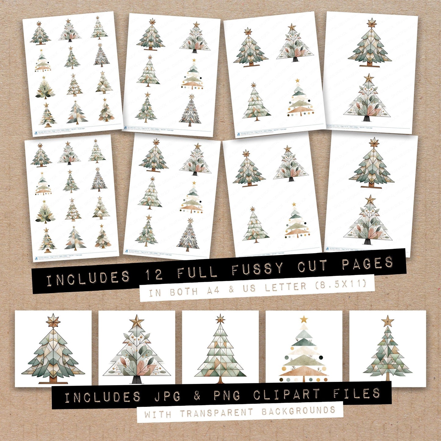 Full collection view of Scandinavian Christmas Tree A fussy cut sheets with bonus clipart JPG and PNG files