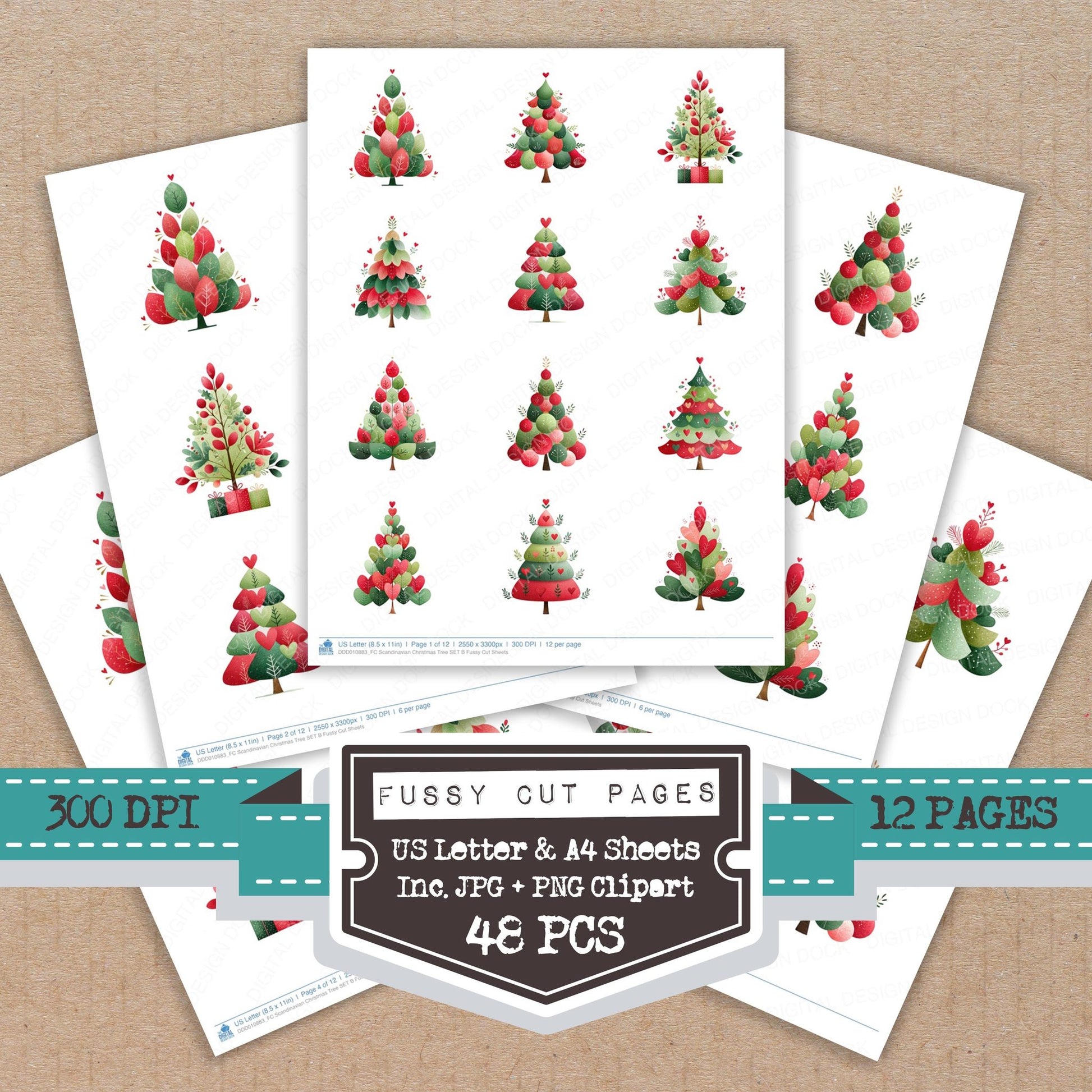 Scandinavian Christmas Tree B fussy cut printable sheets for junk journaling, scrapbooking, and paper craft projects