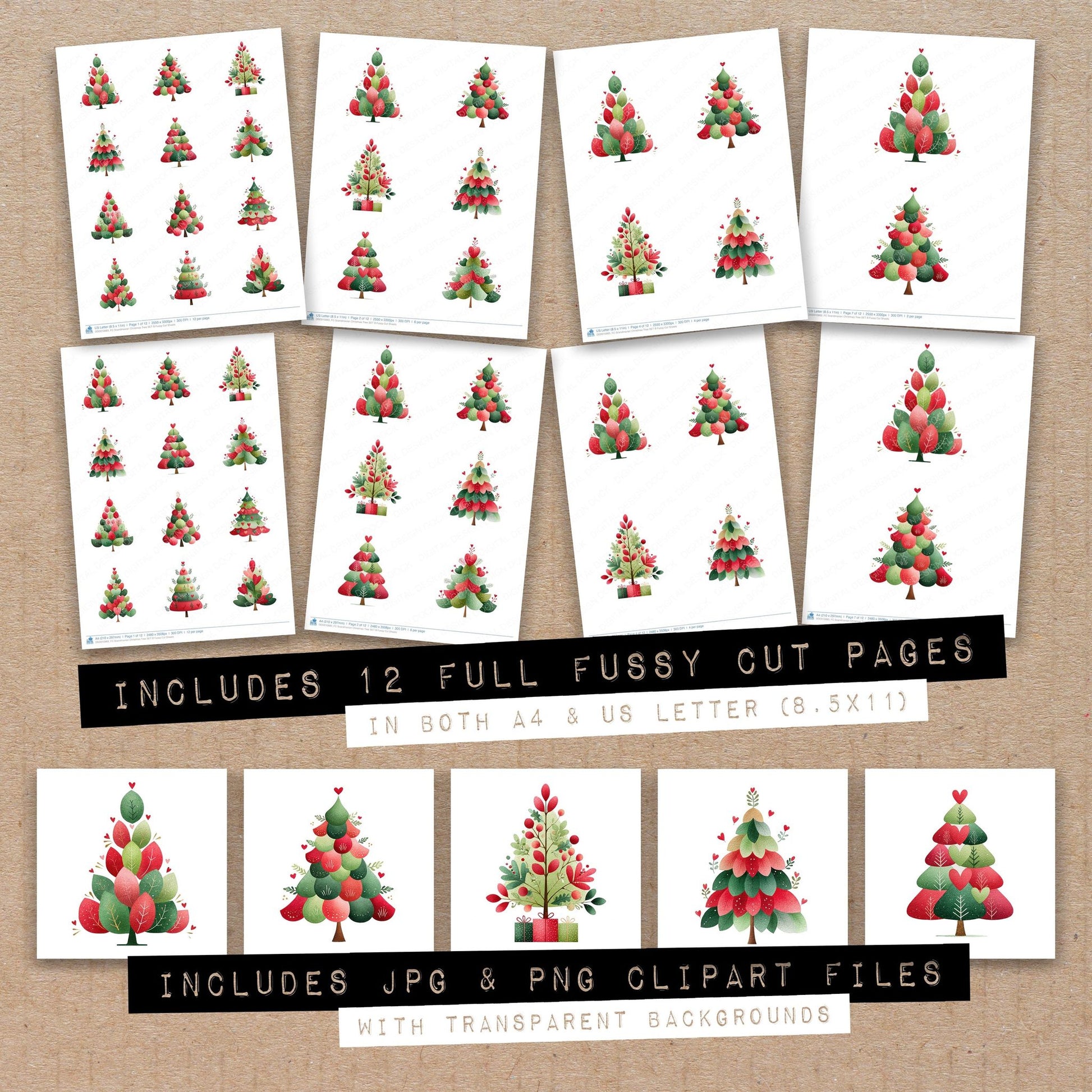 Full collection view of Scandinavian Christmas Tree B fussy cut sheets with bonus clipart JPG and PNG files