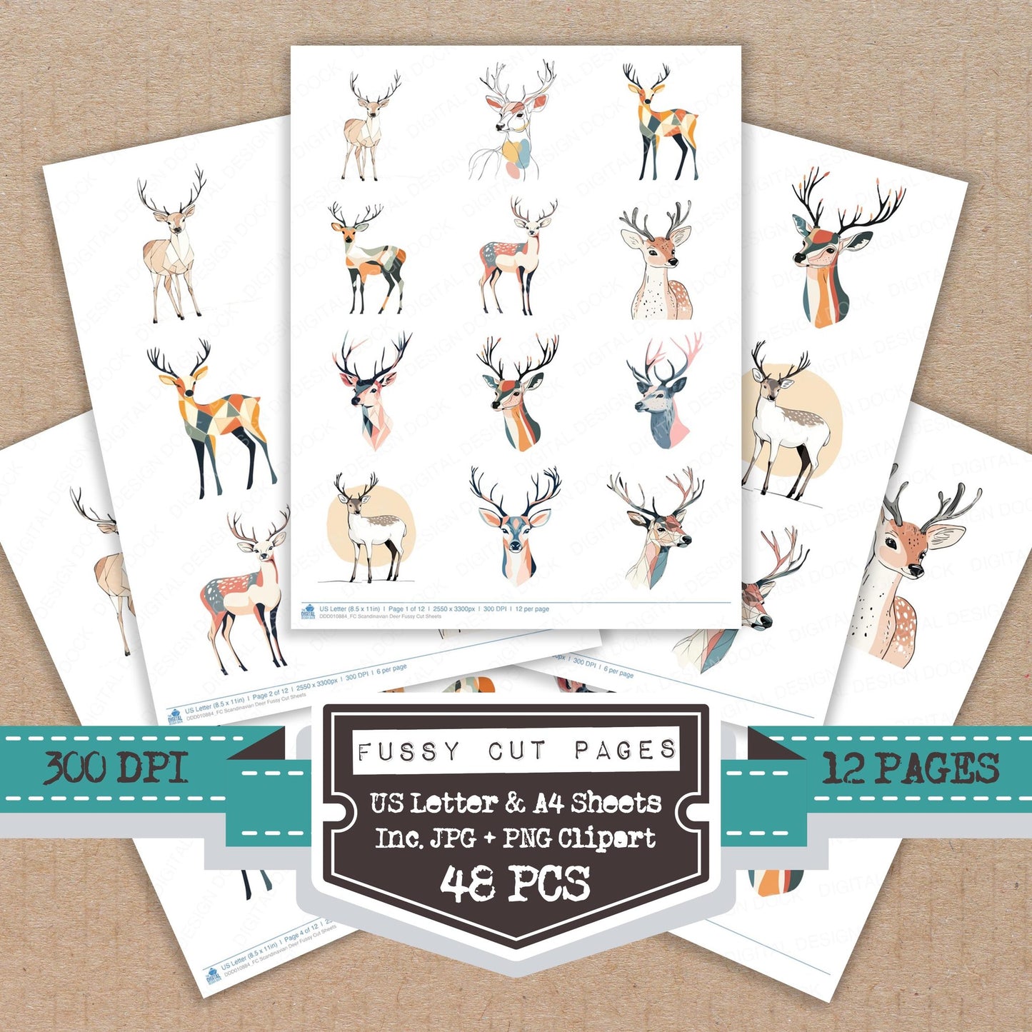 Scandinavian Deer fussy cut printable sheets for junk journaling, scrapbooking, and paper craft projects