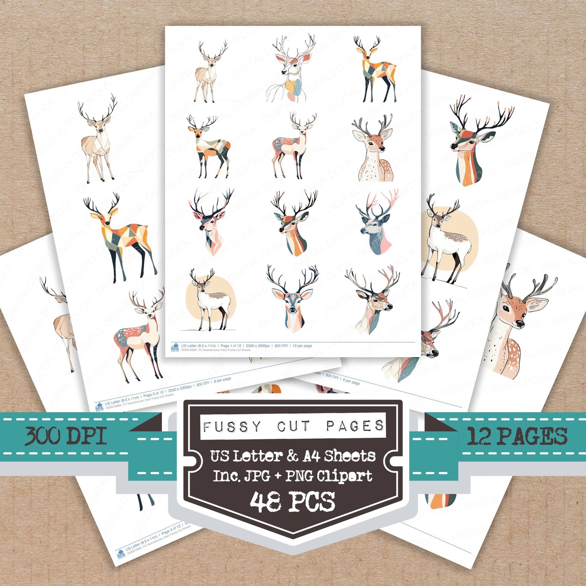 Scandinavian Deer fussy cut printable sheets for junk journaling, scrapbooking, and paper craft projects